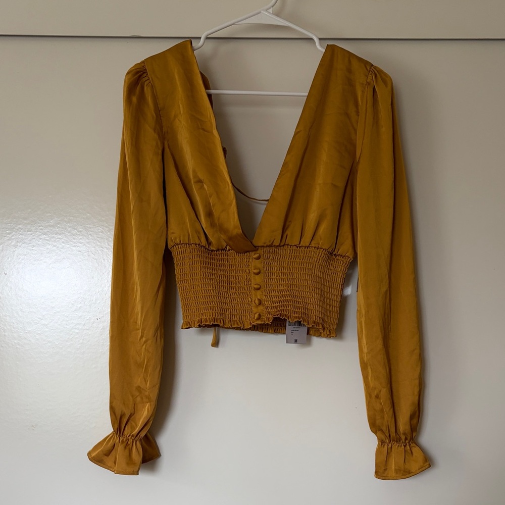 Forever 21 Mustard Smocked-Waist V-Neck Long Sleeve Blouse